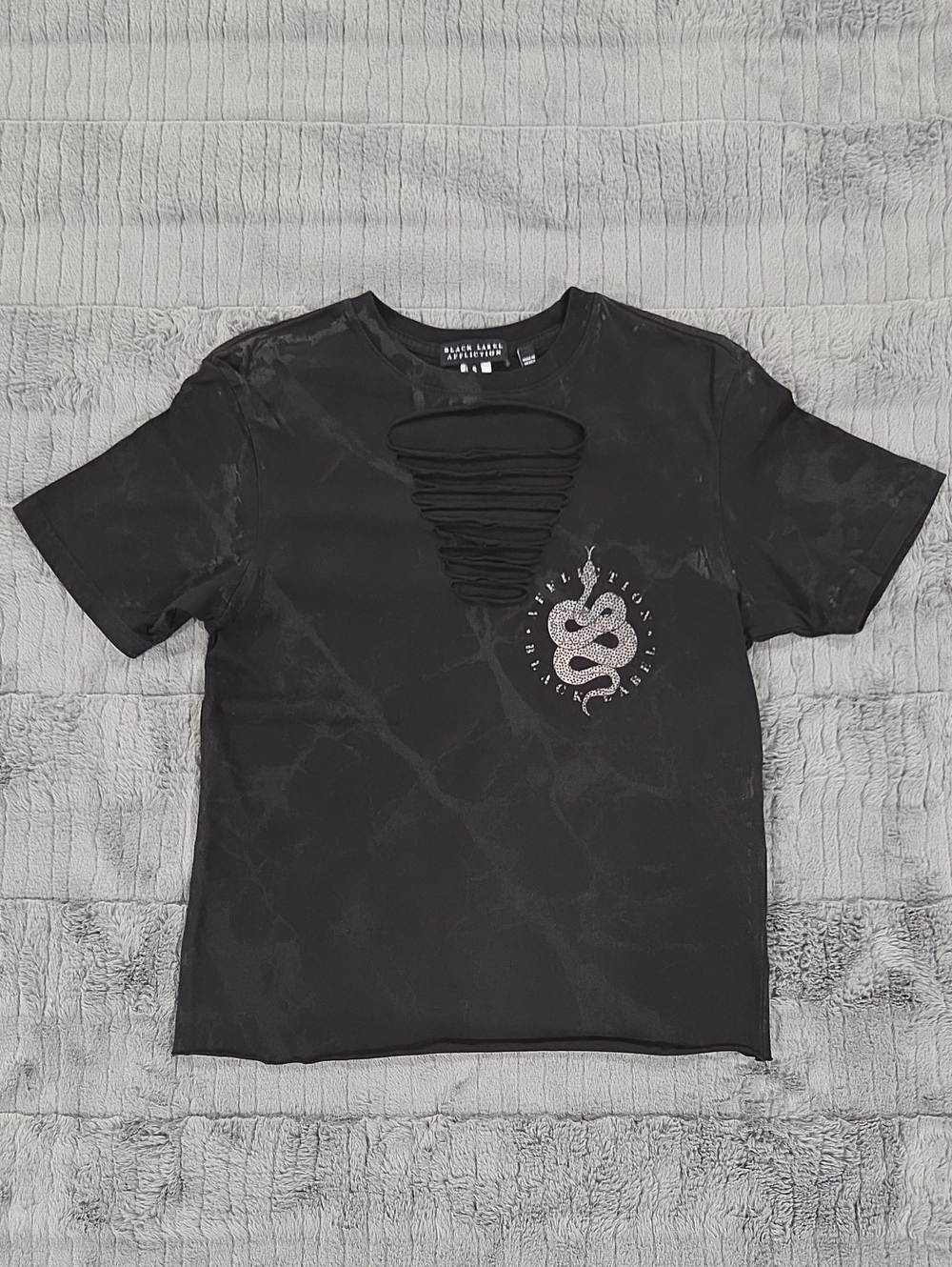 Women's Affiction Black Distressed Graphic Tee with Snake Print